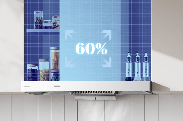 Kitchen hood with digital display showing 60% and a blue tiled wall in the background.