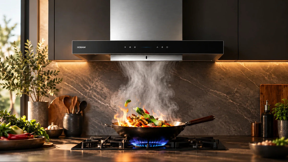 ROBAM CleanAir 3.0 range hood extracting steam over a wok stir-fry