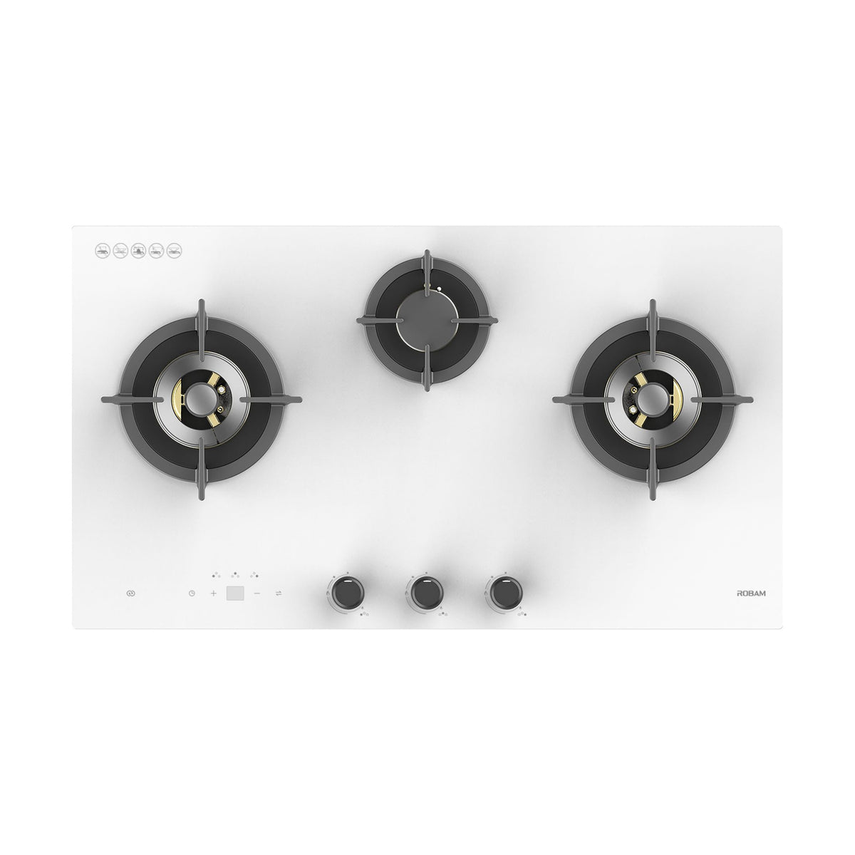A three-burner gas cooktop with a white glass front and black metal burner grates, shown from a top-down perspective on a white background.