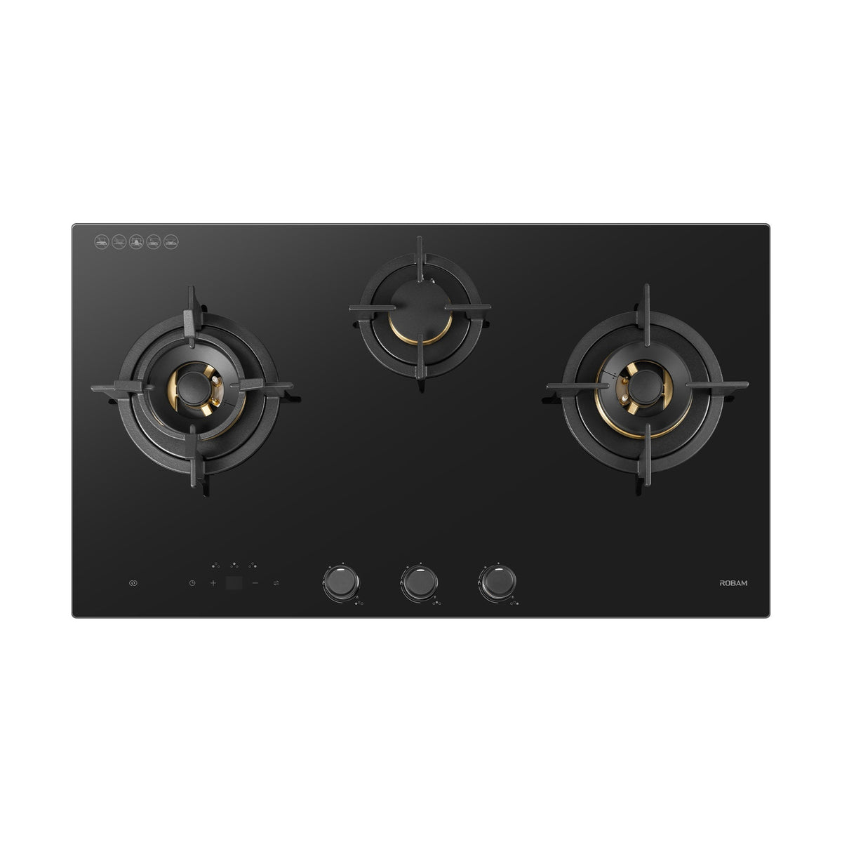 A three-burner gas cooktop with a glossy black glass front and dark metal grates, shown against a plain white background.