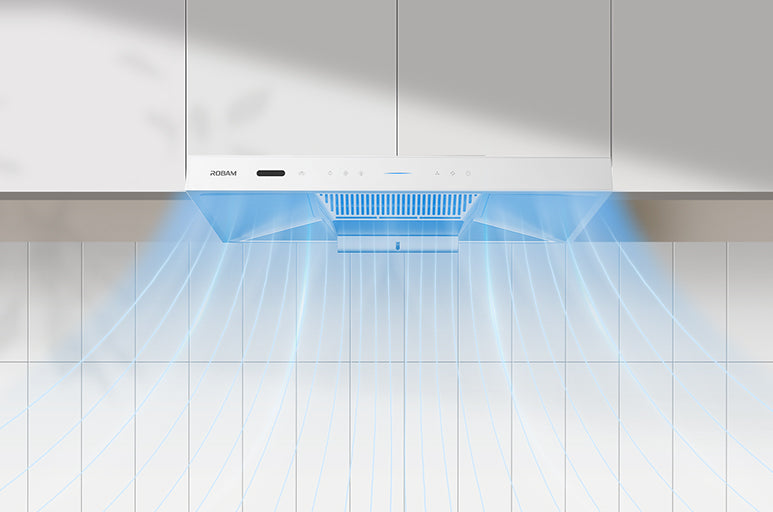 Modern kitchen with a stainless steel range hood.