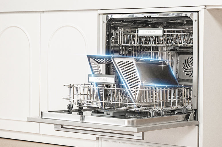 Open dishwasher with clean dishes inside, set against a white kitchen background.