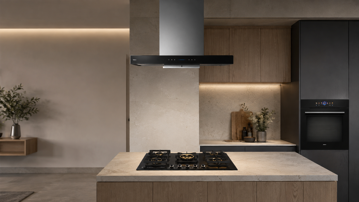 ROBAM dealer page hero kitchen with rangehood, cooktop and oven
