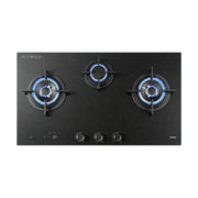 ROBAM A three-burner gas stove top in matte black, with two burners lit with blue flames and one burner in the center. The stove features three control knobs at the bottom and a small brand logo on the lower right.