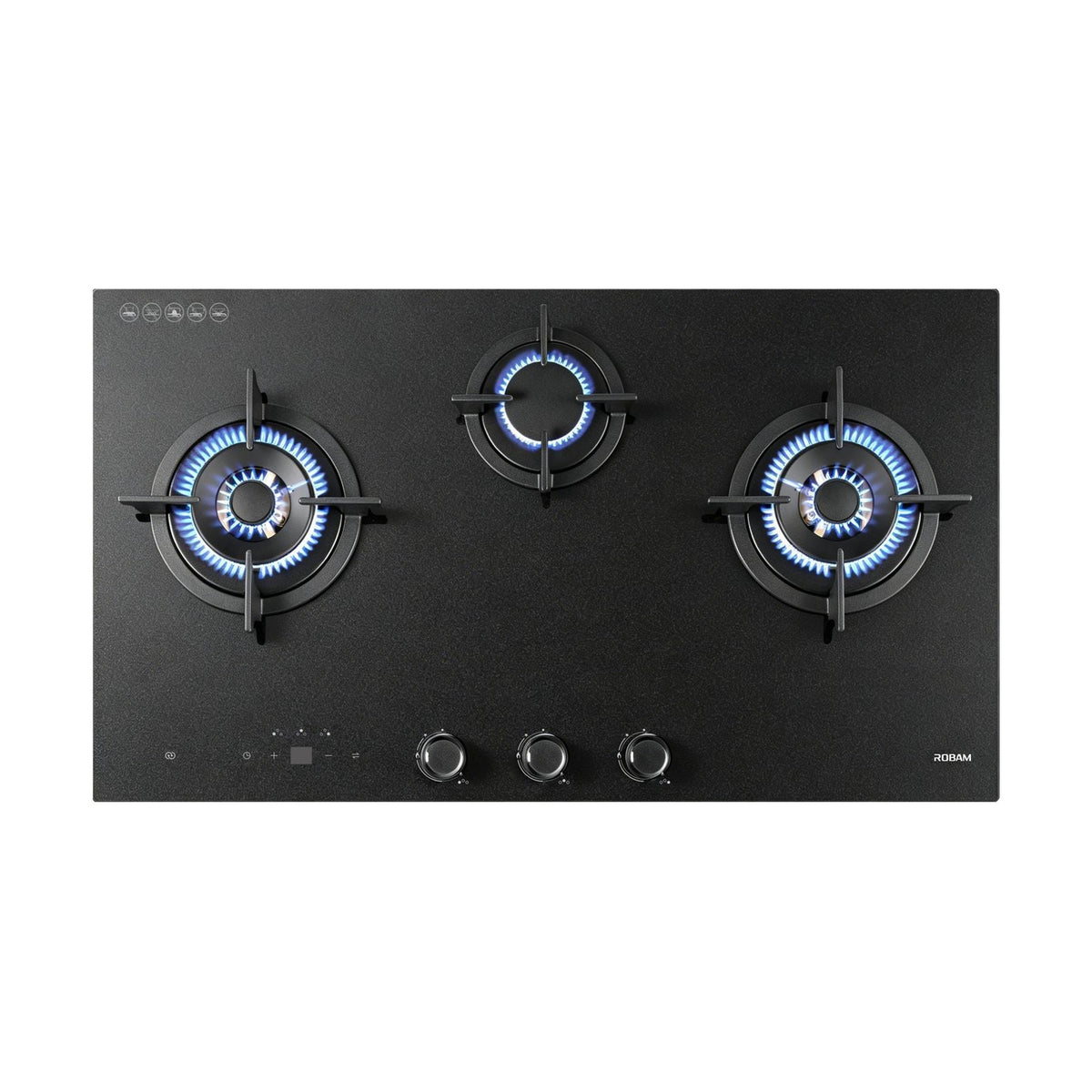 ROBAM A three-burner gas stove top in matte black, with two burners lit with blue flames and one burner in the center. The stove features three control knobs at the bottom and a small brand logo on the lower right.
