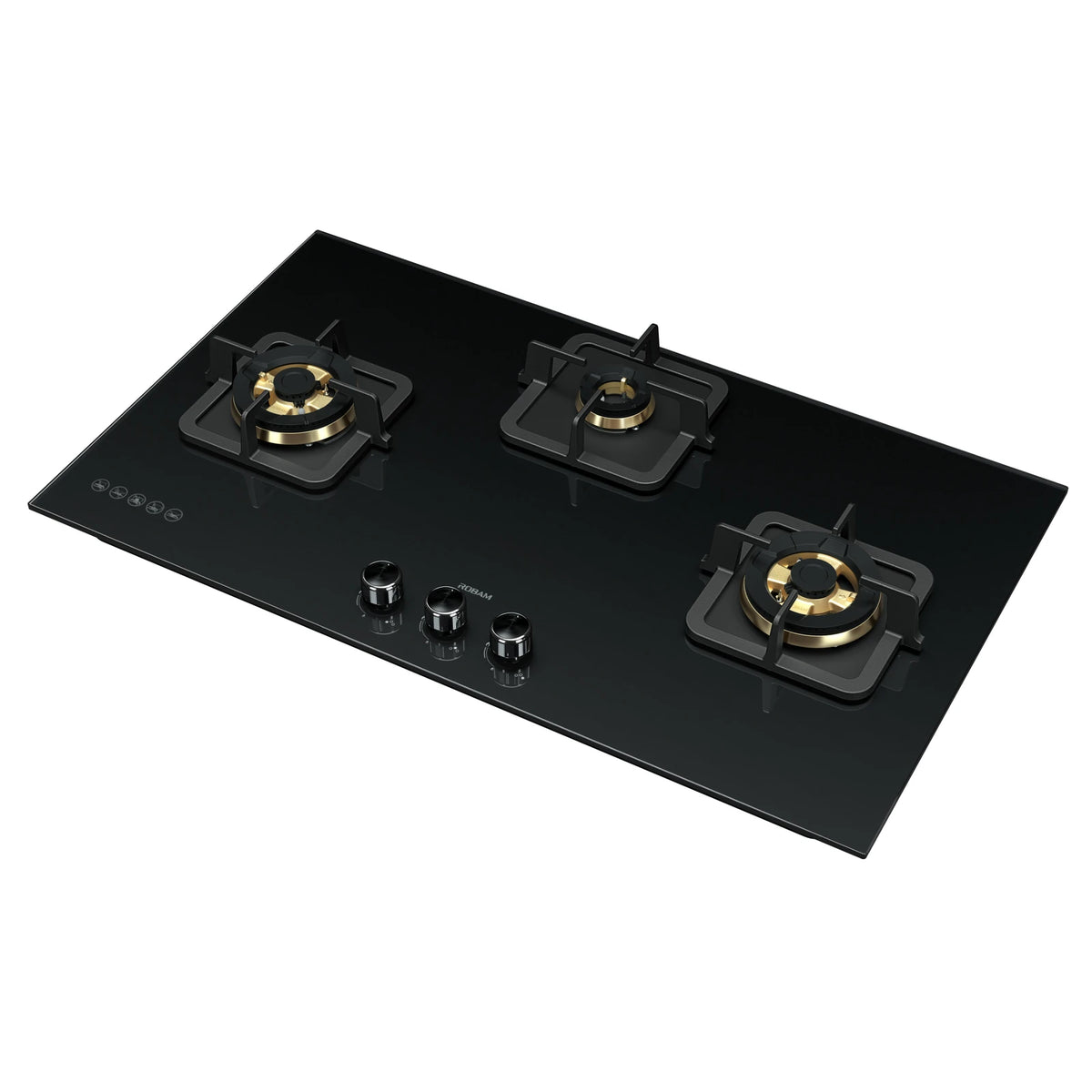 ROBAM BlackGold Gas B320 black glass gas cooktop, angled view showing brass burners, square pan supports and centre control knobs