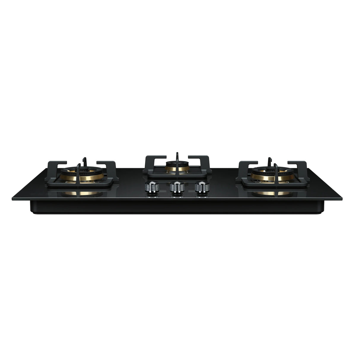 ROBAM BlackGold Gas B320 black glass gas cooktop, front view showing brass burners and knurled metal control knobs
