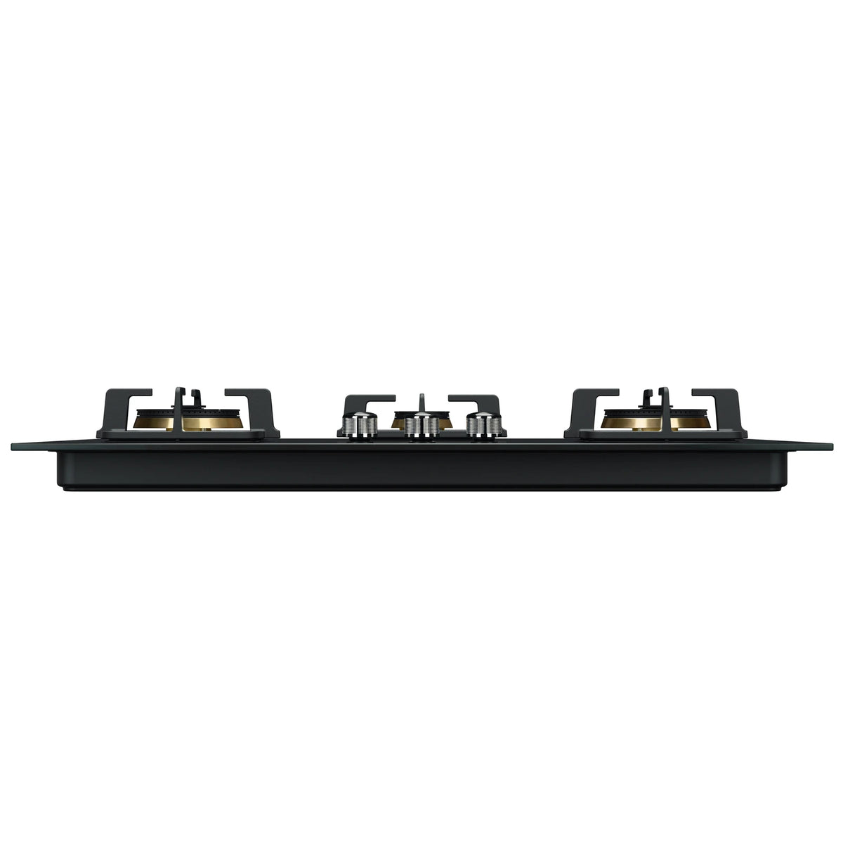 Side view of ROBAM BlackGold Gas B320 gas cooktop showing glass top, pan supports, control knobs and black body