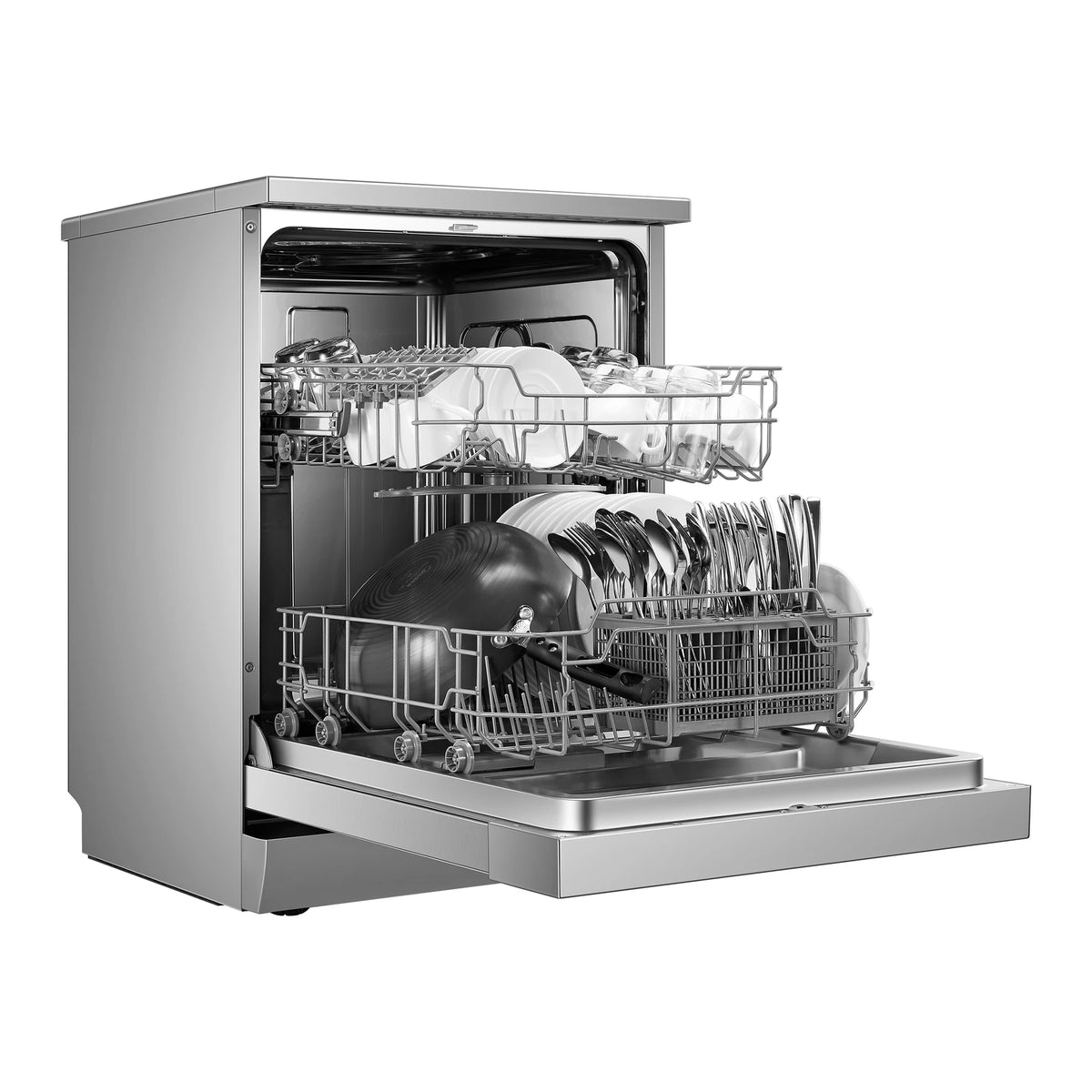 ROBAM Freestanding dishwasher W602S stainless steel, angled view with door open showing loaded upper and lower racks, cutlery basket and a pan