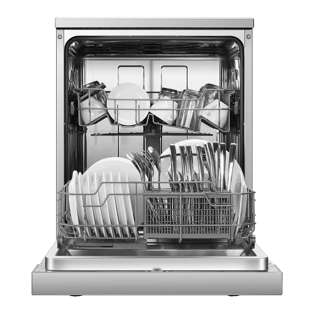 ROBAM Freestanding dishwasher W602S stainless steel, front view with door open and racks loaded with plates, glasses, cups and cutlery