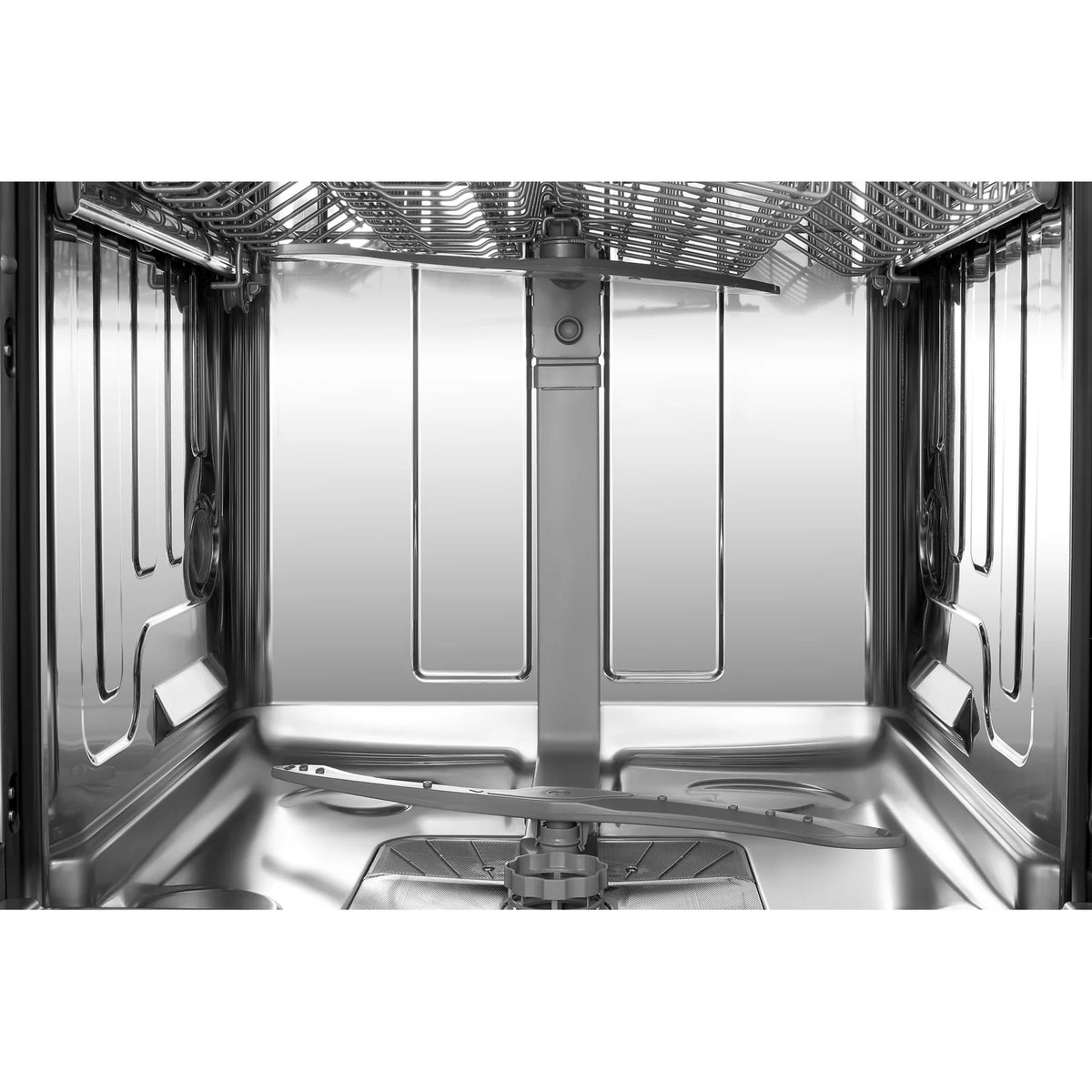 Inside the ROBAM Freestanding dishwasher W602S, stainless steel tub with spray arm and filter