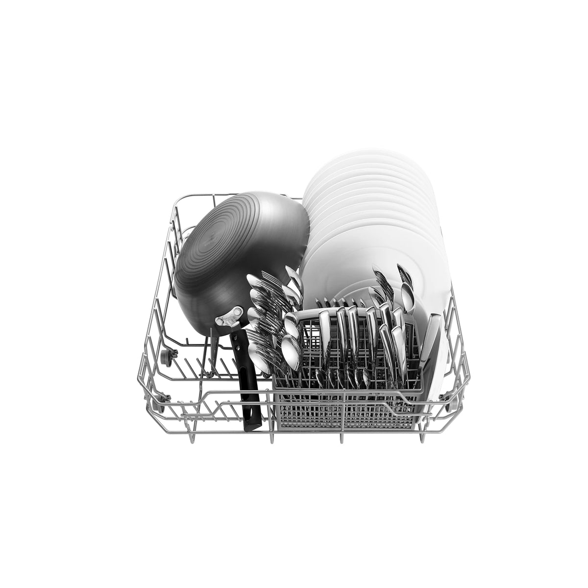 Top view of the lower rack of the ROBAM Freestanding dishwasher W602S loaded with plates, cutlery and a pan