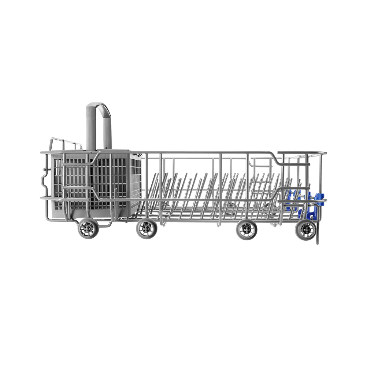 Side view of the lower rack of the ROBAM Freestanding dishwasher W602S with cutlery basket and wheels