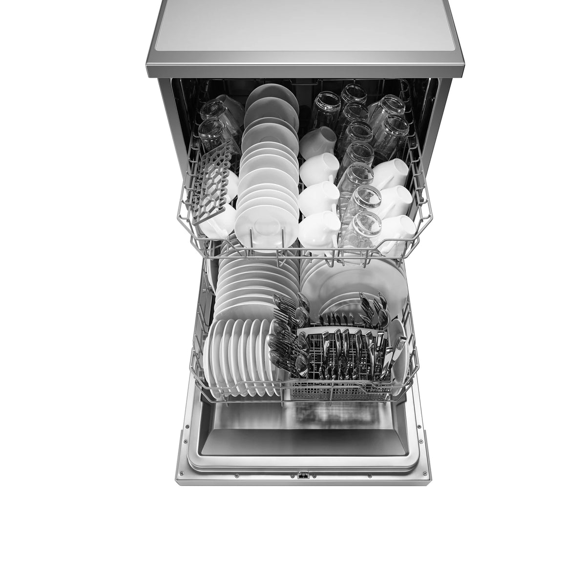 Top view of the ROBAM Freestanding dishwasher W602S with door open and racks loaded with plates, glasses, cups and cutlery