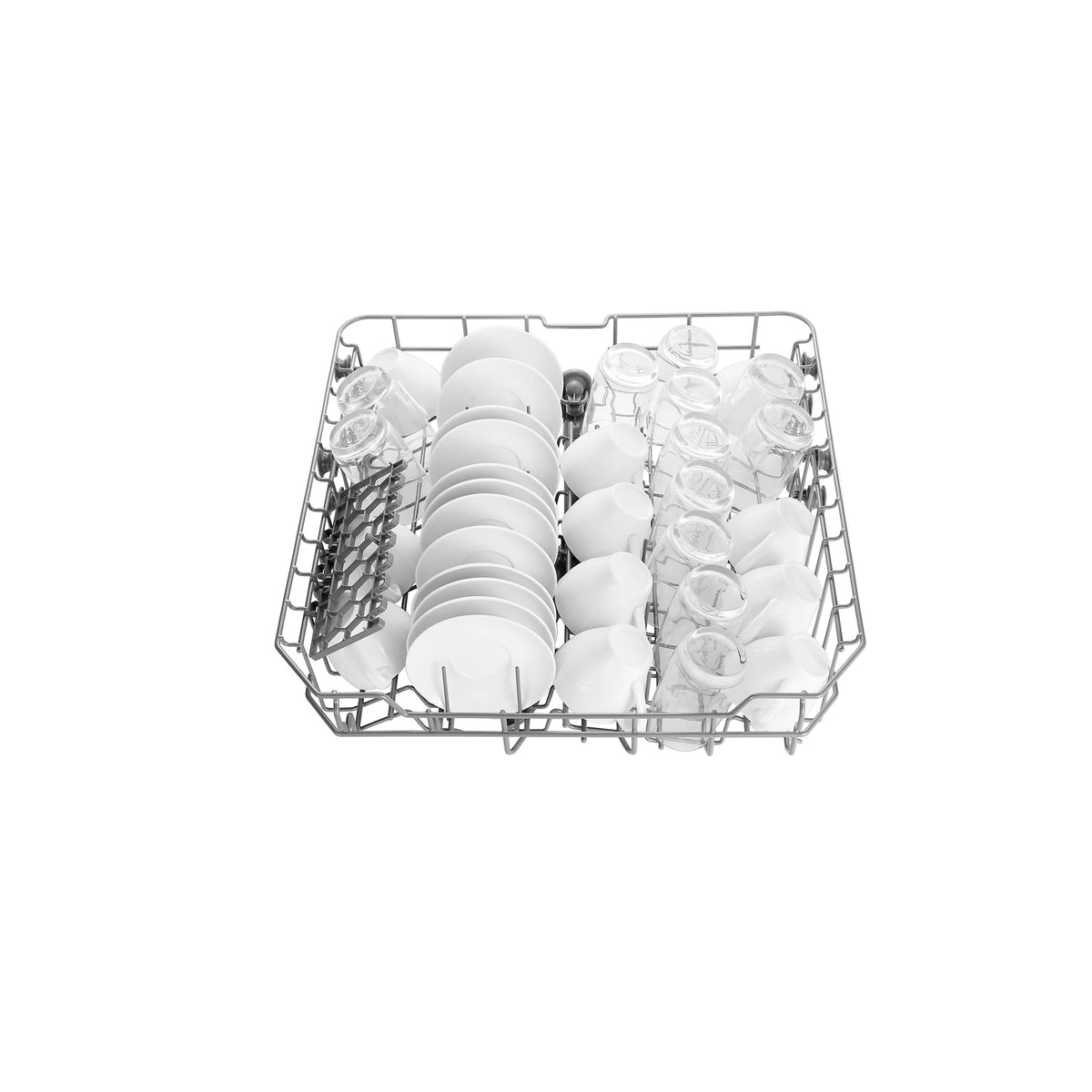 Top view of the upper rack of the ROBAM Freestanding dishwasher W602S loaded with saucers, cups and glasses