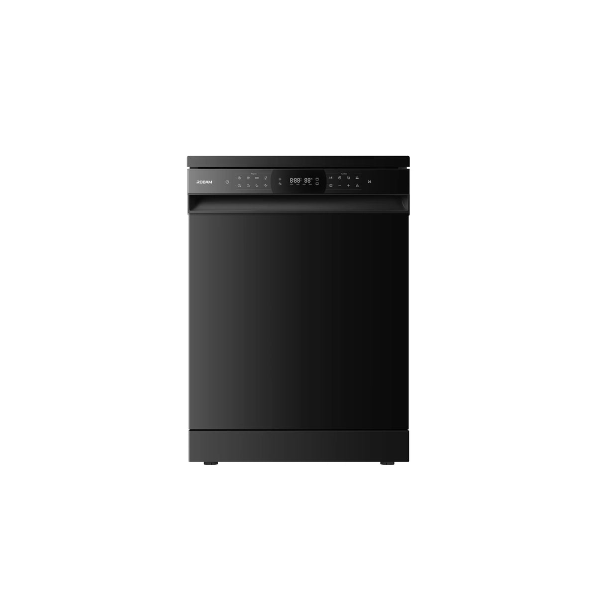 ROBAM Freestanding dishwasher W655G black, front view with touch control panel, digital display and recessed handle