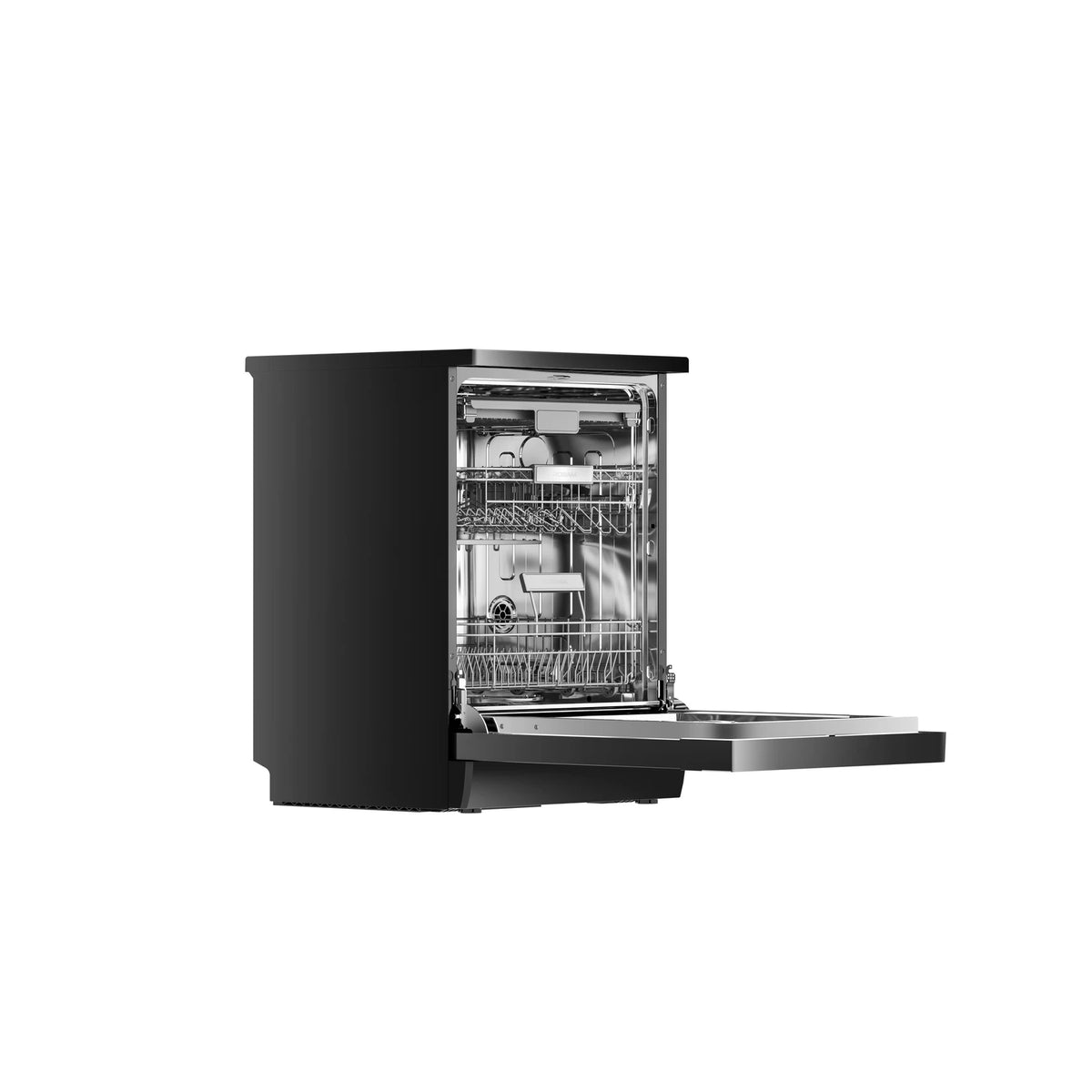 ROBAM Freestanding dishwasher W655G black, angled view with door open showing racks and interior