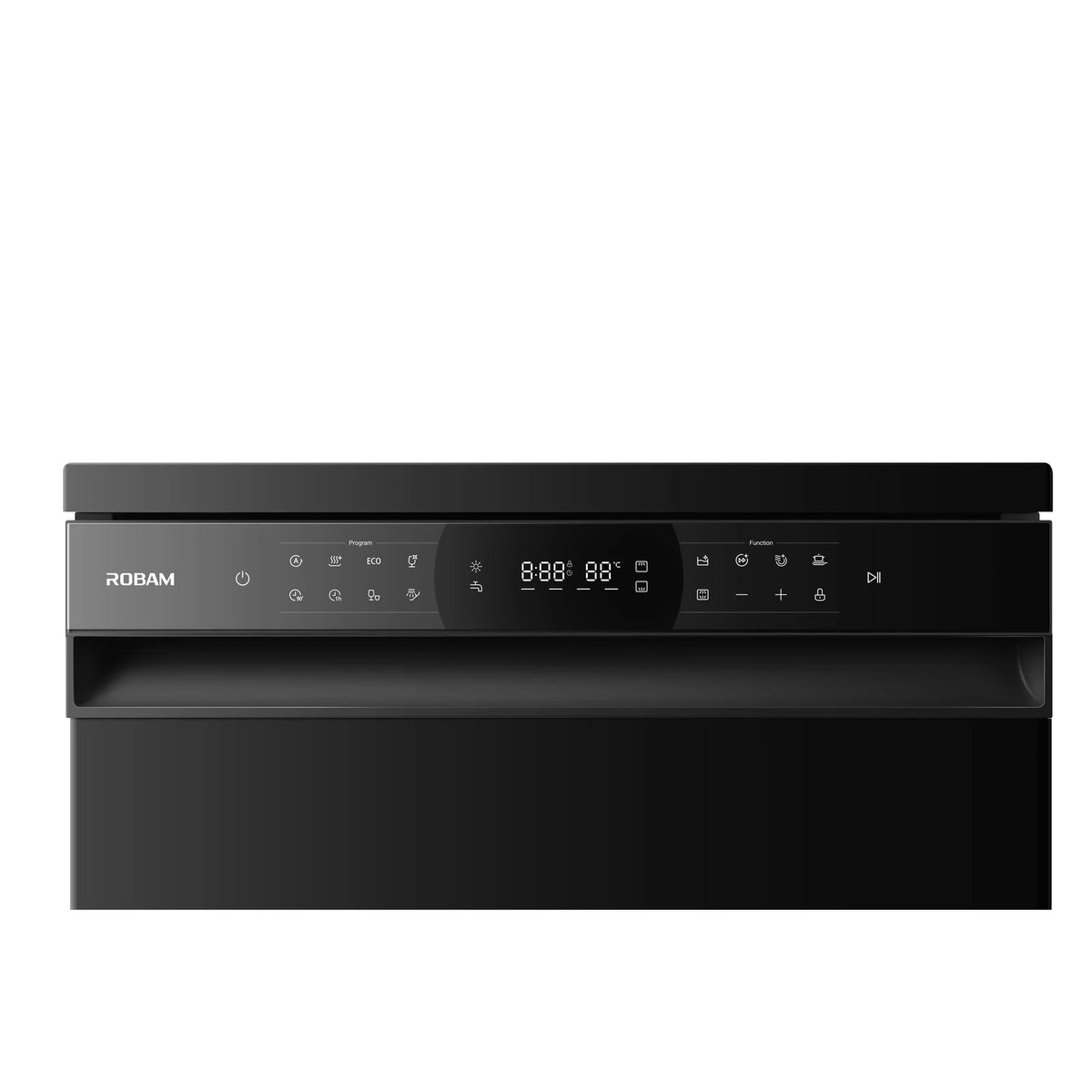 Close-up of the ROBAM Freestanding dishwasher W655G control panel with program and function touch buttons and digital display