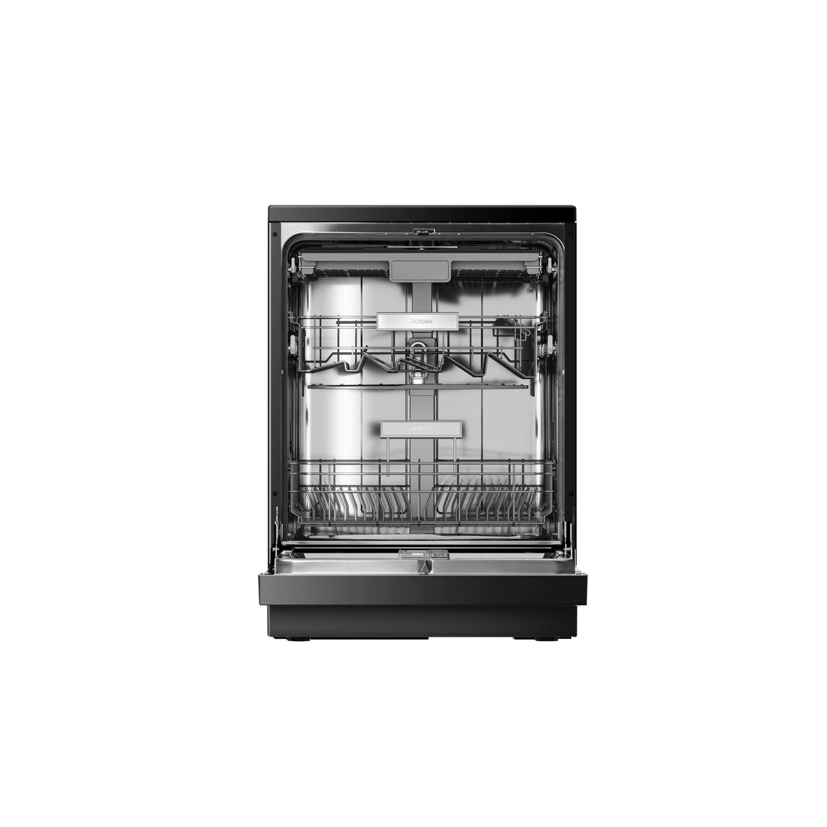 ROBAM Freestanding dishwasher W655G black, front view with door open showing upper and lower racks and stainless steel interior