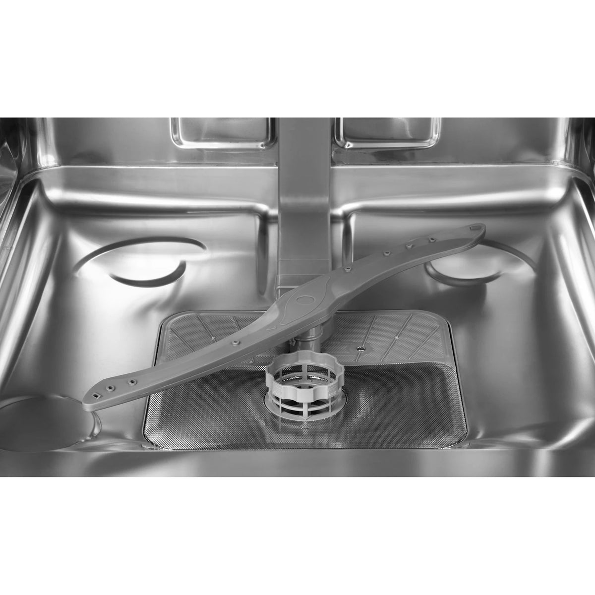 Inside the ROBAM Freestanding dishwasher W655G, lower spray arm and stainless steel filter in the tub