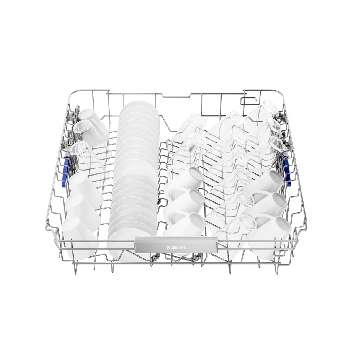 Upper rack of the ROBAM Freestanding dishwasher W655G loaded with plates, mugs and glasses
