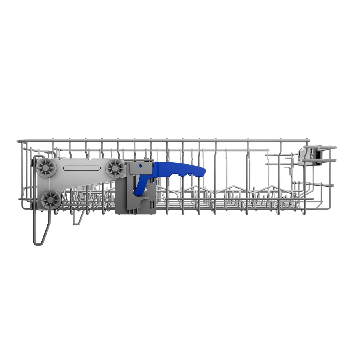 Side view of the ROBAM Freestanding dishwasher W655G upper rack showing rail wheels and blue handle