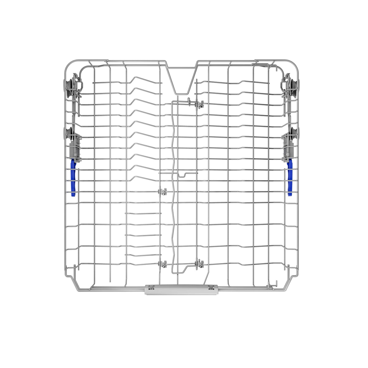 Top view of the empty upper rack of the ROBAM Freestanding dishwasher W655G with blue side handles