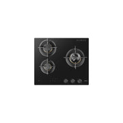 ROBAM 7B7H32 black glass gas cooktop with three brass burners and cast iron pan supports, top view