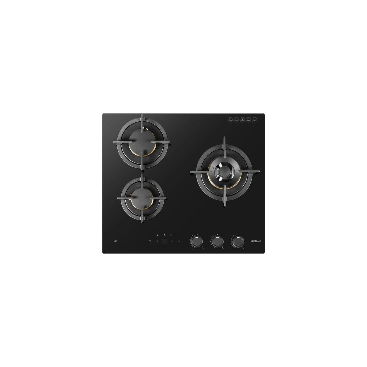 ROBAM 7B7H32 black glass gas cooktop with three brass burners and cast iron pan supports, top view