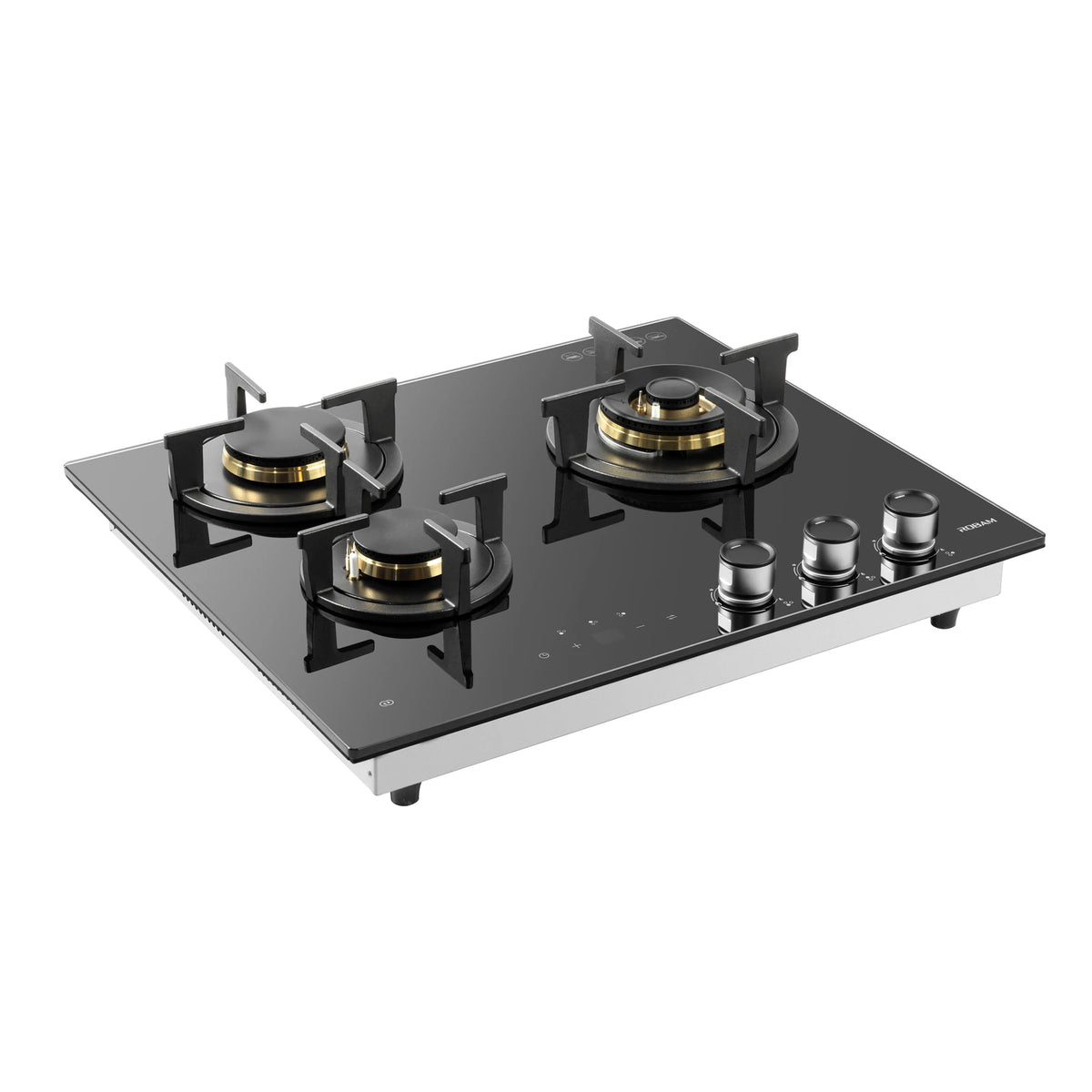 ROBAM 7B7H32 black glass gas cooktop, angled view showing brass burners, cast iron pan supports and control knobs
