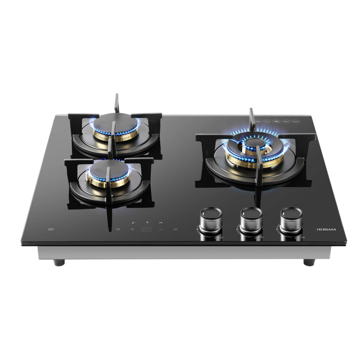 ROBAM 7B7H32 black glass gas cooktop, front angled view with blue flames on all three burners