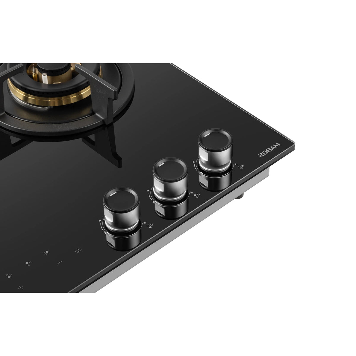 Close-up of the three control knobs on the ROBAM 7B7H32 black glass gas cooktop