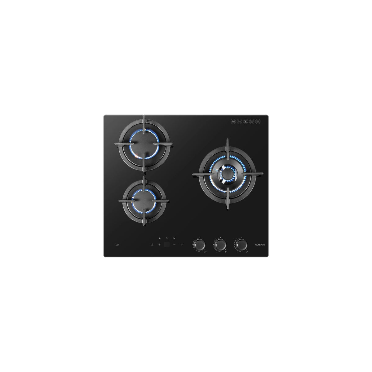Top view of ROBAM 7B7H32 gas cooktop with all three burners lit with blue flames