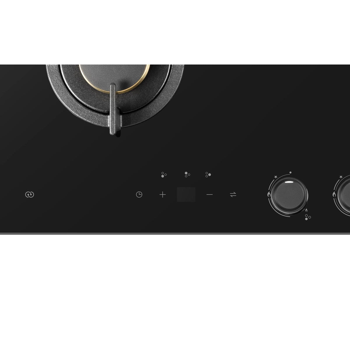 Close-up of the touch control panel with timer and plus minus buttons on the ROBAM 7B7H32 gas cooktop