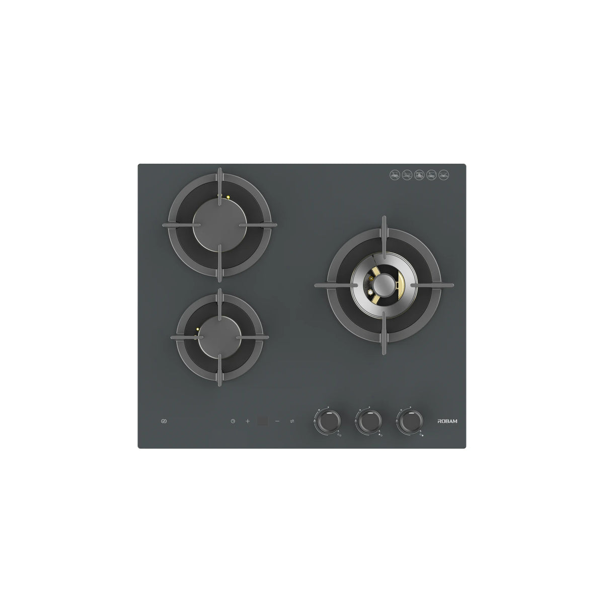 ROBAM 7B7H32G grey glass gas cooktop with three burners and cast iron pan supports, top view