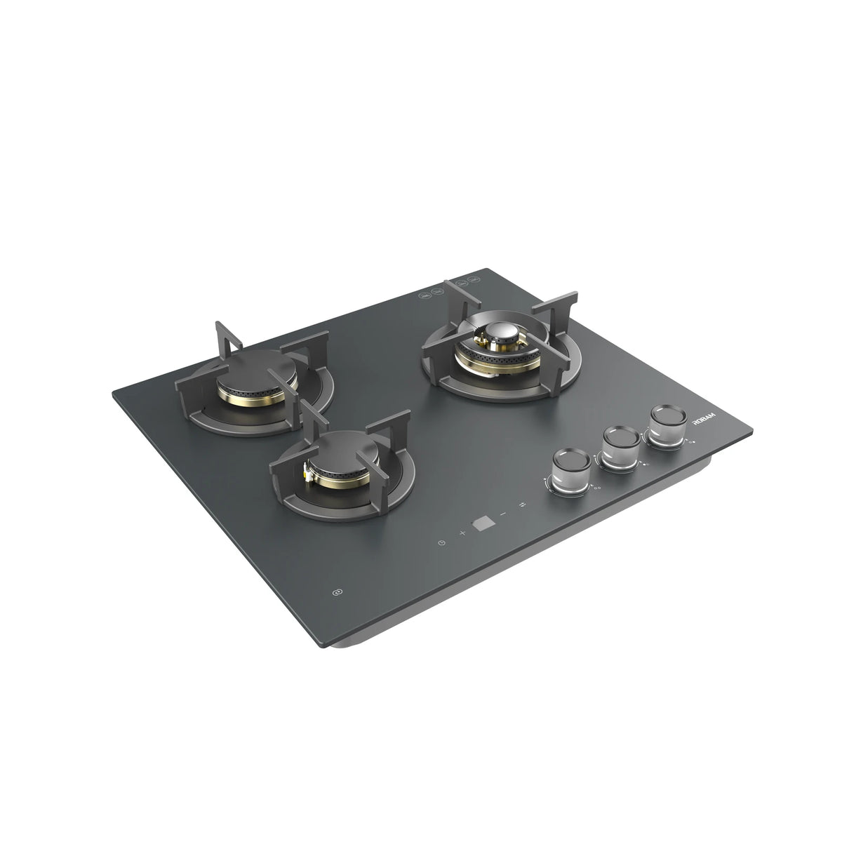ROBAM 7B7H32G grey glass gas cooktop, angled view with three burners and knobs on the right