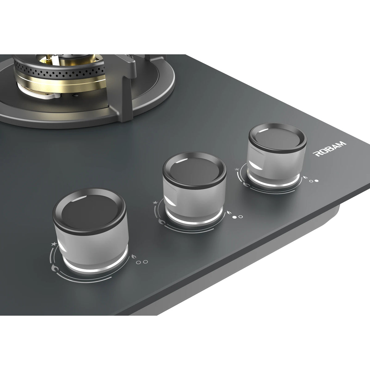 Close-up of the three transparent control knobs on the ROBAM 7B7H32G grey glass gas cooktop