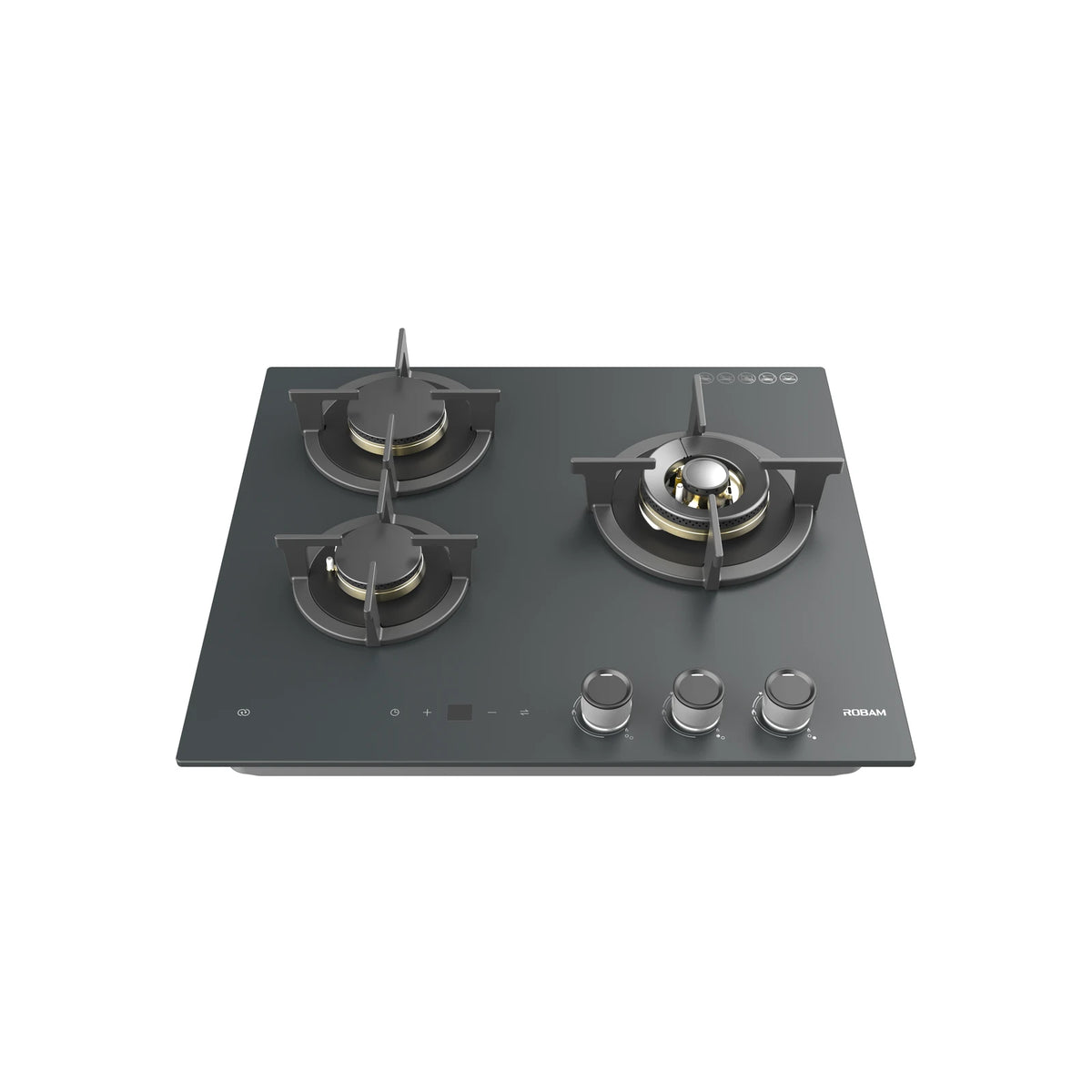 ROBAM 7B7H32G grey glass gas cooktop, front view showing brass burners, pan supports and control knobs