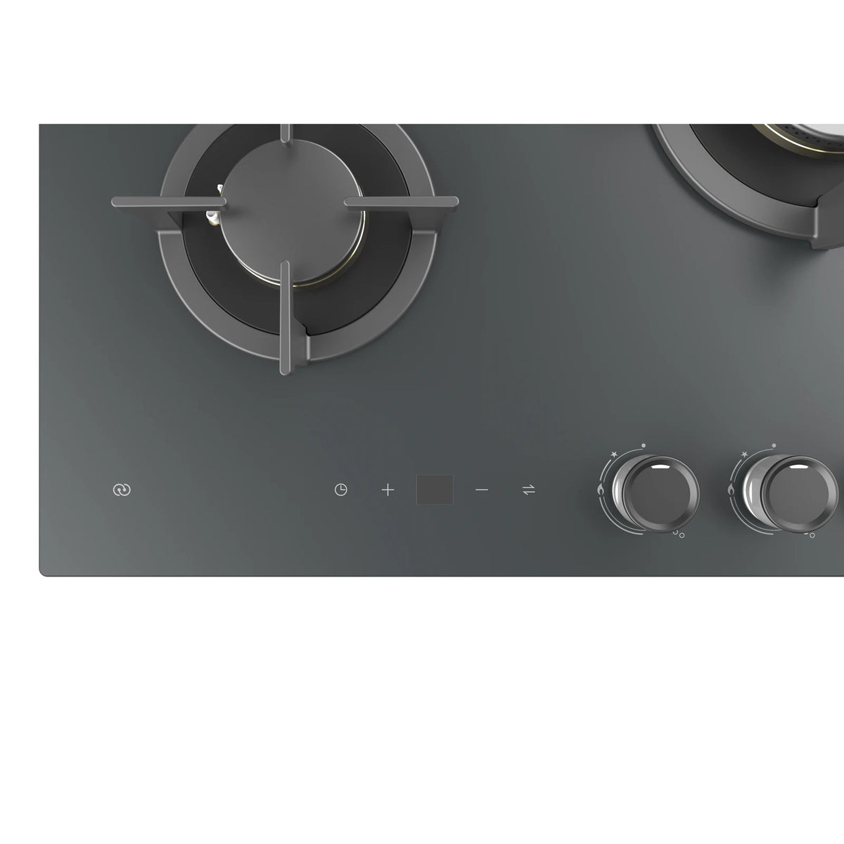 Top view detail of the touch control panel with timer and plus minus buttons and control knobs on the ROBAM 7B7H32G gas cooktop