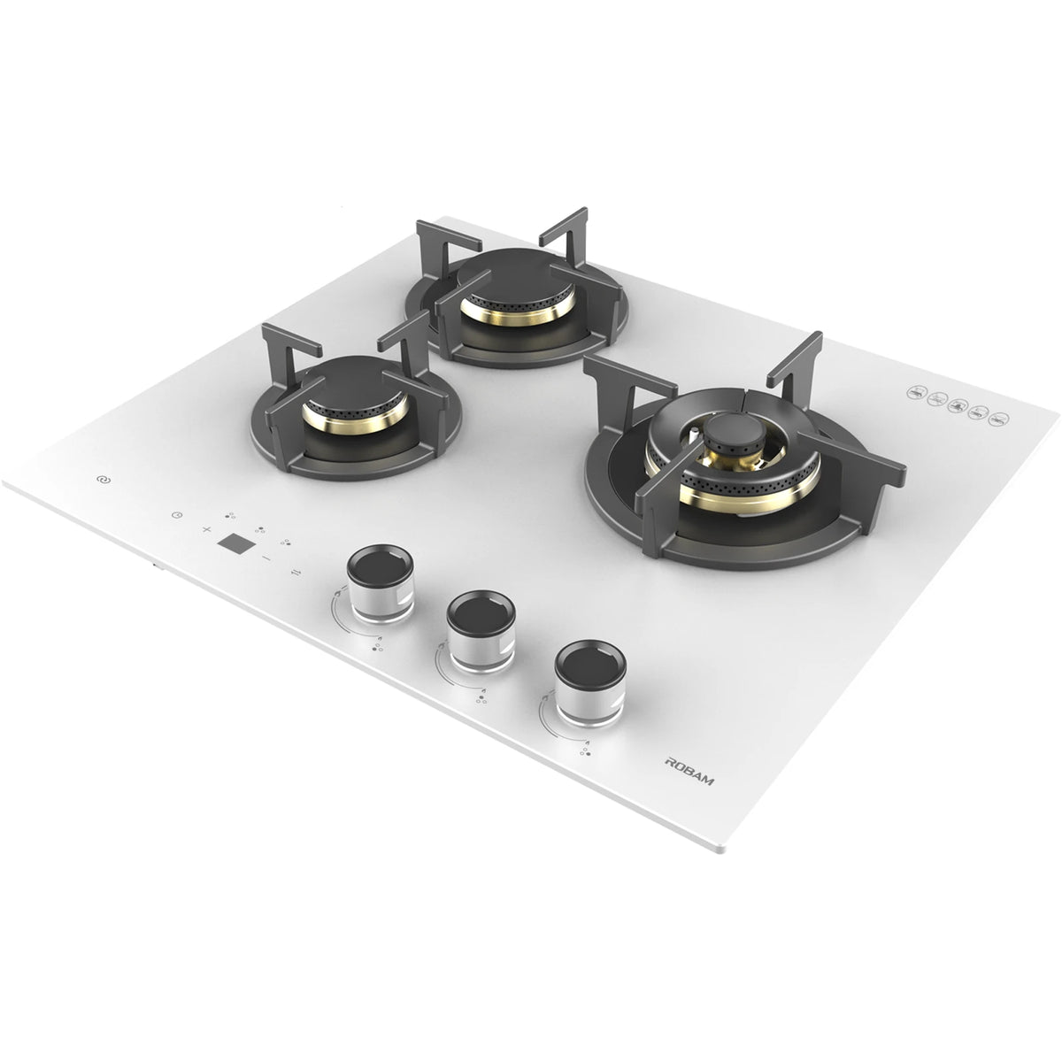 ROBAM 7B7H32W white glass gas cooktop, angled view showing brass burners, pan supports and control knobs