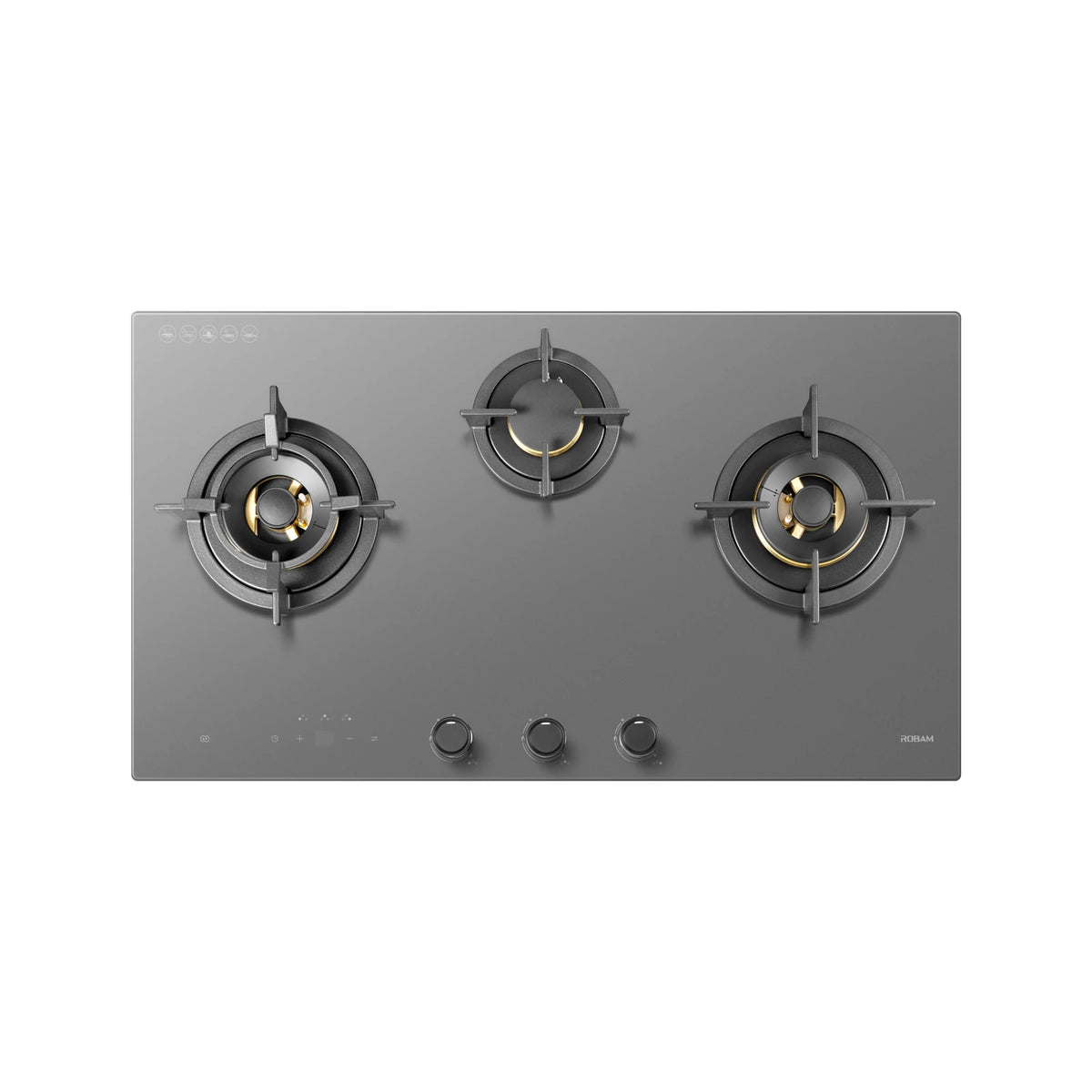 ROBAM 9B7H31 grey glass 3 burner gas cooktop with cast iron pan supports and brass burners, top view