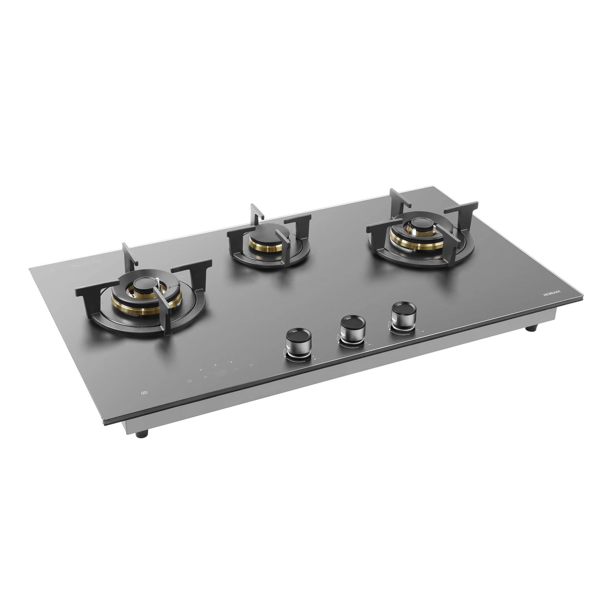 ROBAM 9B7H31 grey glass gas cooktop, angled view showing brass burners, cast iron pan supports and control knobs