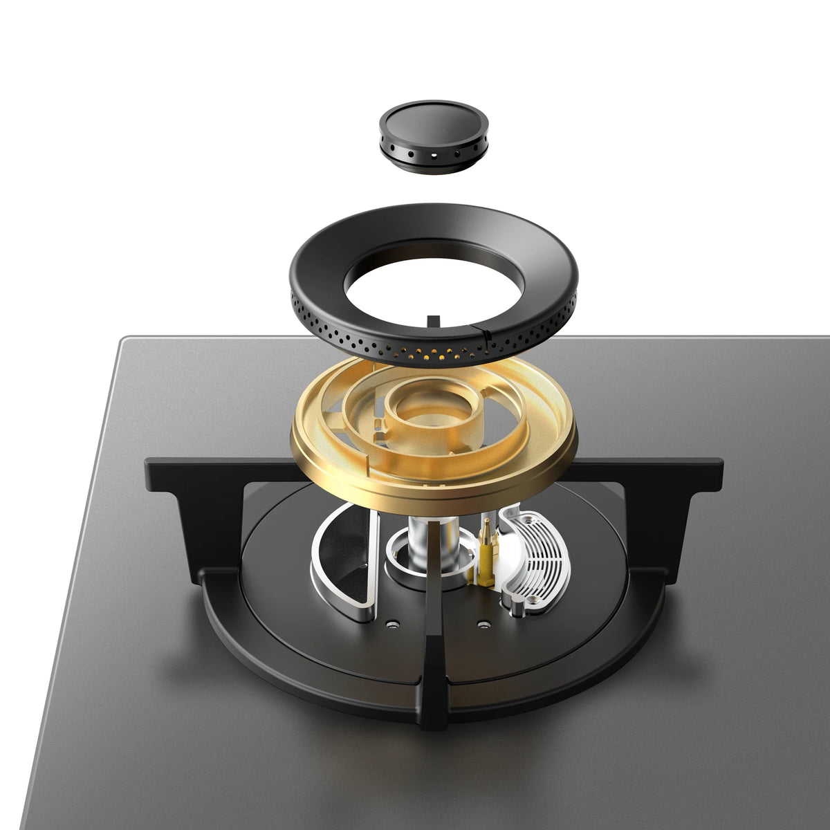 Exploded view of the ROBAM 9B7H31 gas cooktop burner showing brass burner base, burner ring and cap
