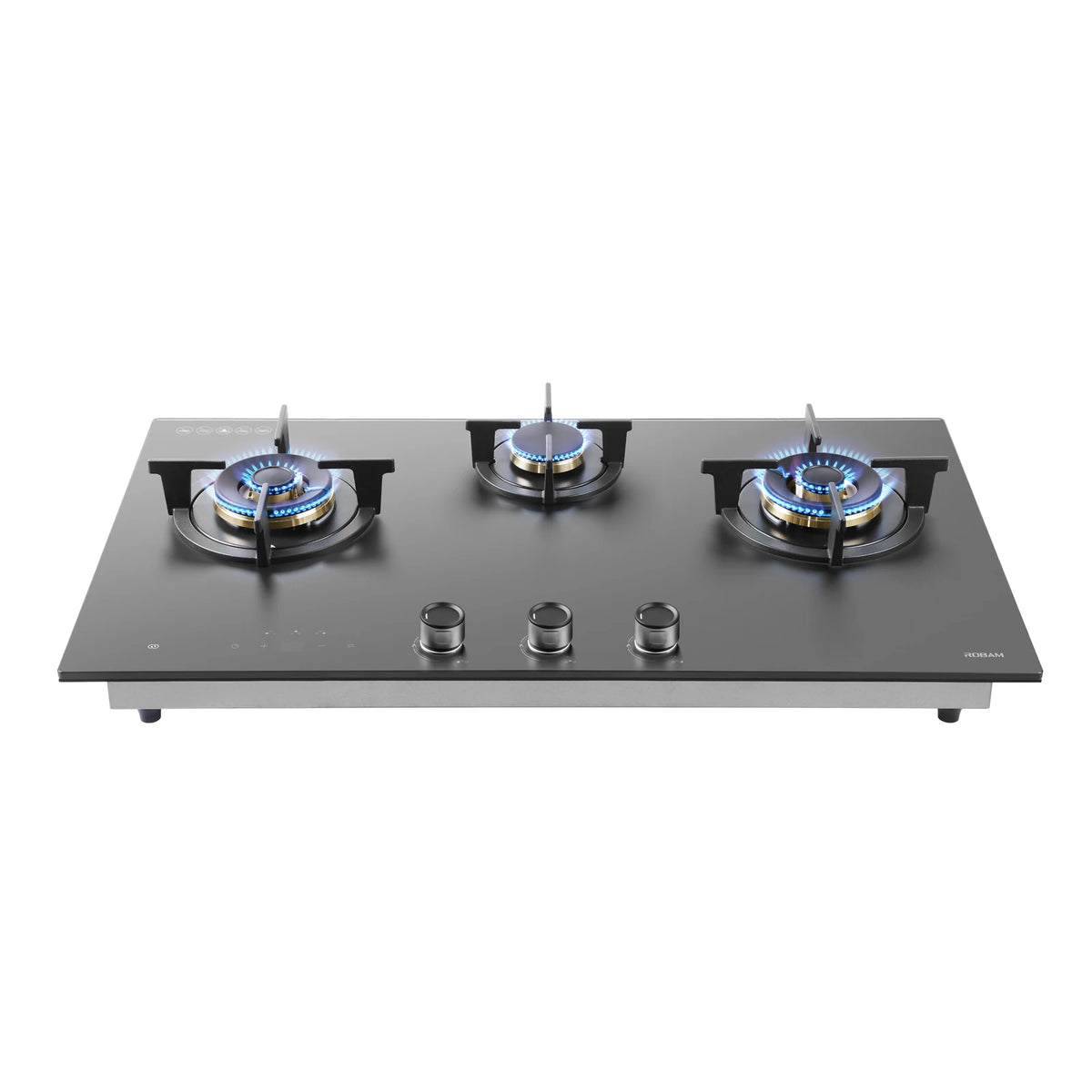 ROBAM 9B7H31 grey glass gas cooktop, front view with blue flames on three burners and stainless steel base