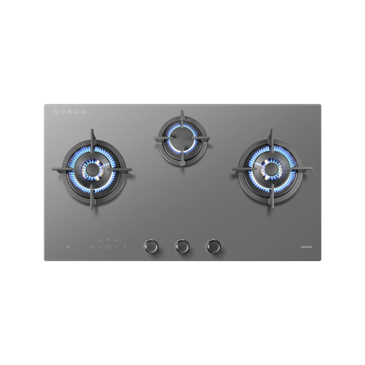 Top view of ROBAM 9B7H31 grey glass gas cooktop with all three burners lit with blue flames
