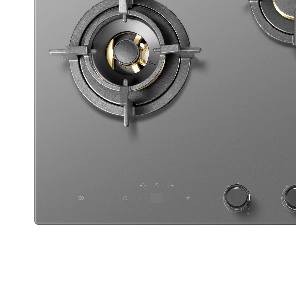 Top view detail of the burner, touch control panel and control knobs on the ROBAM 9B7H31 grey glass gas cooktop