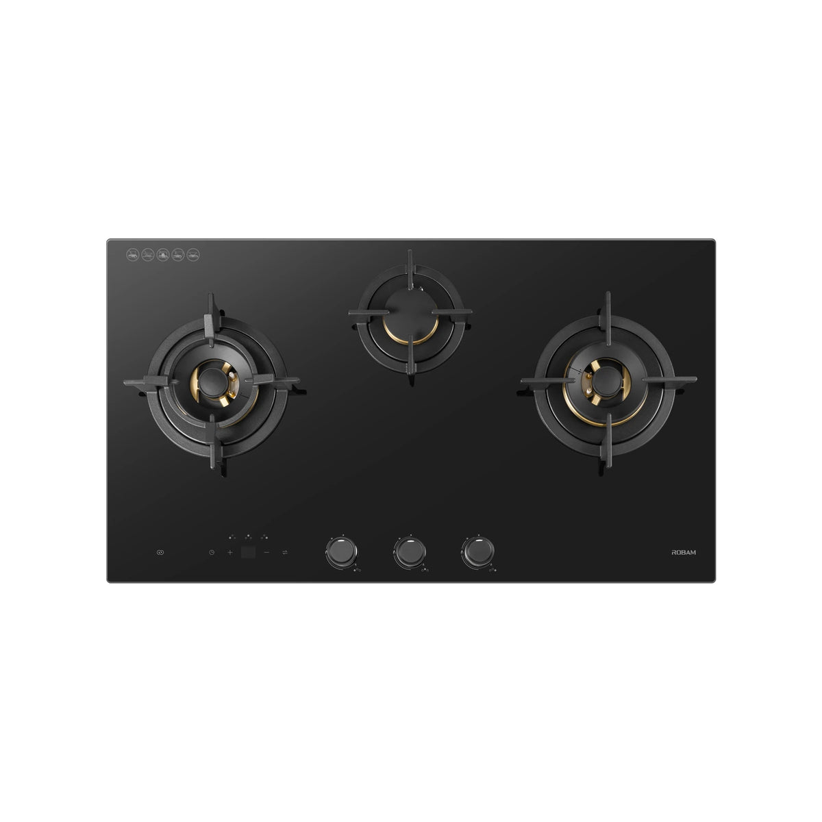 ROBAM 9B7H31F black glass 3 burner gas cooktop with cast iron pan supports and brass burners, top view