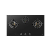 ROBAM 9B7H31F black glass 3 burner gas cooktop with cast iron pan supports and brass burners, top view