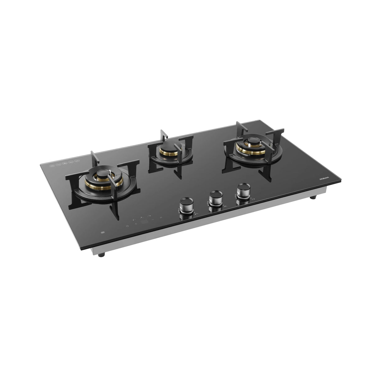 ROBAM 9B7H31F black glass gas cooktop, angled view showing brass burners, cast iron pan supports and control knobs
