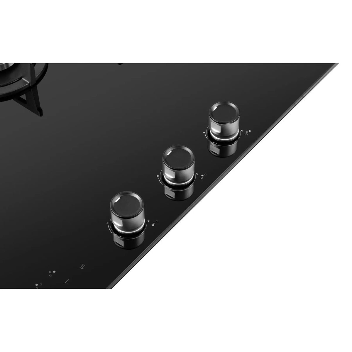Close-up of the three transparent control knobs on the ROBAM 9B7H31F black glass gas cooktop